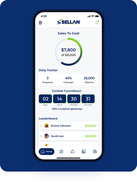 Sellan mobile app with a rep's Sales-to-Goal Gauge, daily tracker, contest countdown and leaderboard